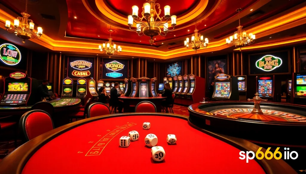 Exciting casino scene with players at a poker table and the brand https://sp666io.com/ featured for premium gambling experiences.