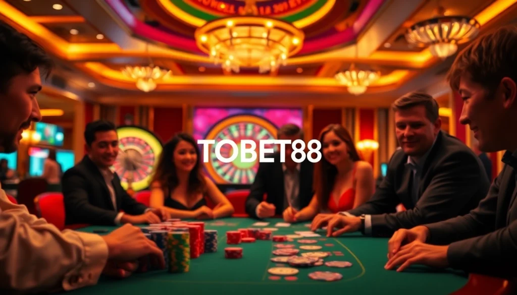 Experience thrilling gameplay with TOBET88 at a luxurious casino table featuring colorful poker chips and cards.