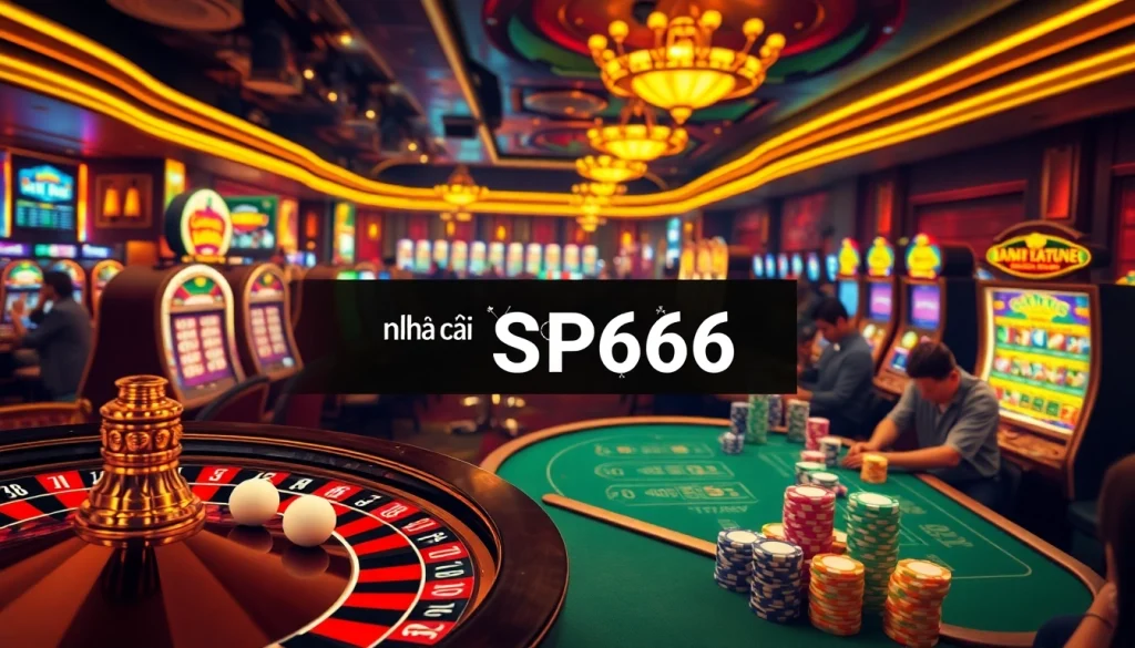 Experience the thrilling action of Nhà cái SP666 with poker tables and roulette, capturing the essence of online gambling excitement.