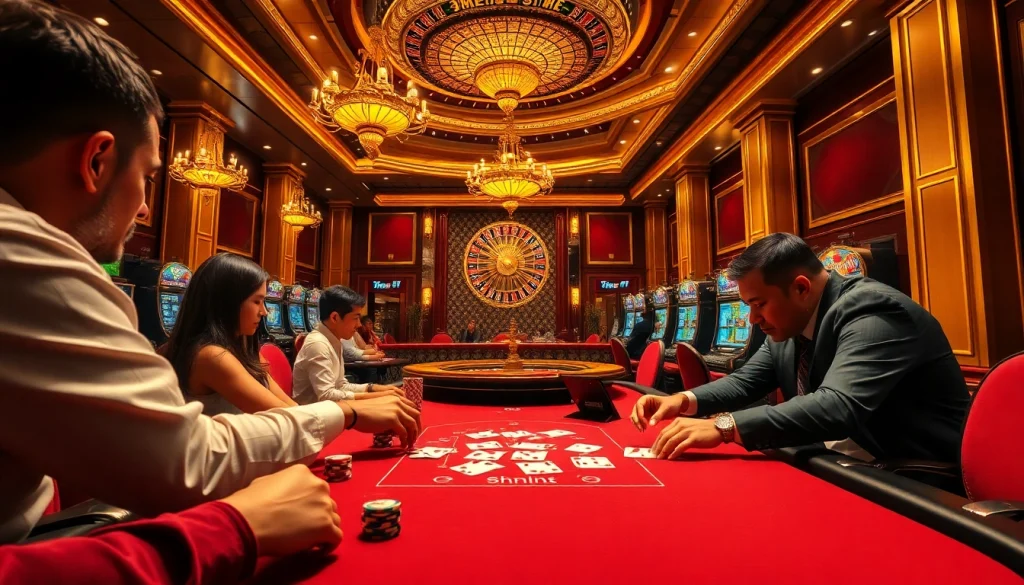 Experience the thrill of Nhà cái Solarbet's poker action with players, chips, and cards on display.